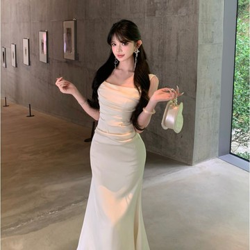 白色領證洋裝 方領淑女裙 吊帶連身裙女 夏季修身 緞面法式洋裝 高級感 禮服 長洋裝