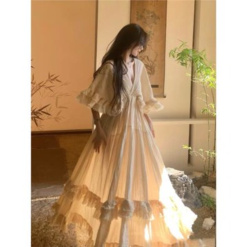 泰蘭德重工棉麻V領露背荷葉邊收腰大擺仙女連衣裙氛圍感度假長裙