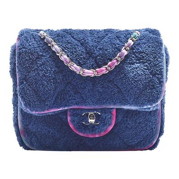CHANEL 經典雙C LOGO毛巾布紮染撞色滾邊炫彩鏈帶肩背/斜背包(藍色)