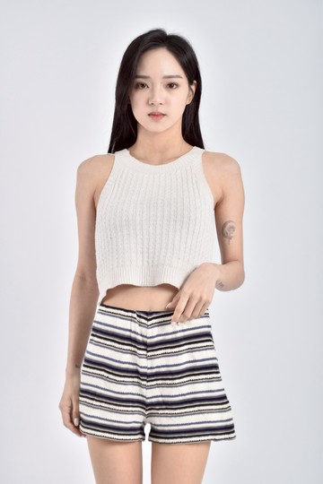 加購優惠(XL) tempting韓牌高腰針織條紋鬆緊腰白色短褲