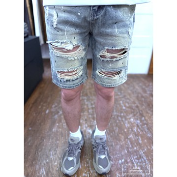 E7th.厚磅雙色潑墨破壞牛仔短褲(E7J3992505) 破壞短褲 男生短褲 日系 阿美咔嘰 水洗刷白 五分褲 牛仔褲