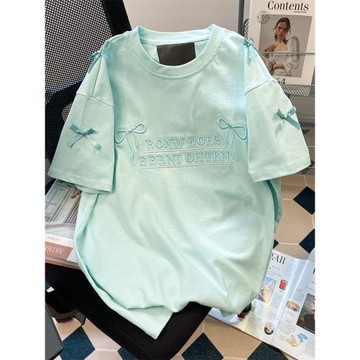 曼波風薄荷綠甜美蝴蝶結刺繡T恤男女夏季寬松韓版慵懶風短袖上衣