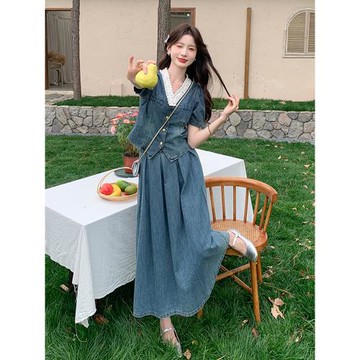 短袖牛仔套裝裙女夏2026新款高級感氣質絕美遮肚顯瘦半身裙兩件套