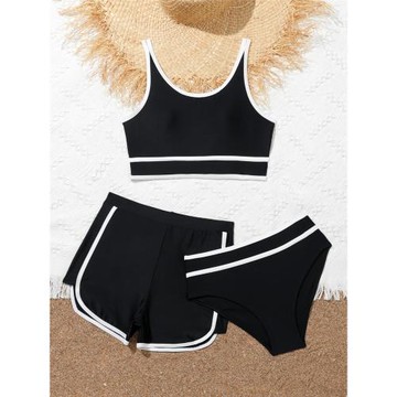 歐美外貿原單出口兒童泳衣中大女童背心分體三件套運動休閑款游泳