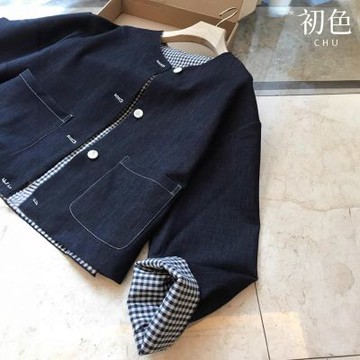 初色 日系雙面兩穿寬鬆顯瘦格紋單排釦長袖外套女外套-藍色-38027(M-XL可選)