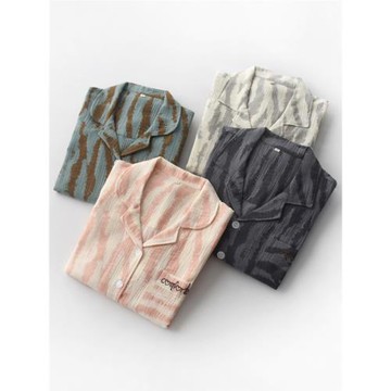 斑馬紋刺繡字母睡衣男女春秋夏季純棉紗布薄款長袖情侶家居服套裝