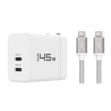 PQI 45W GaN 雙USB-C快速充電器+USB-C to C編織線組合包-白