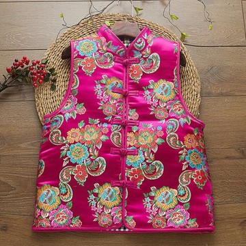 黃色中國風盤扣馬甲女秋冬復古中式花鳥織錦馬夾坎肩背心棉服外套