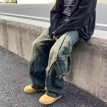 𝒚𝒐𝒖𝒓® 𝒔𝒕𝒖𝒅𝒊𝒐|美式復古 高街牛仔褲 原創設計 拼接 假兩件 闊腿垂感 黃泥水洗 高街痞帥 牛仔褲男 G61