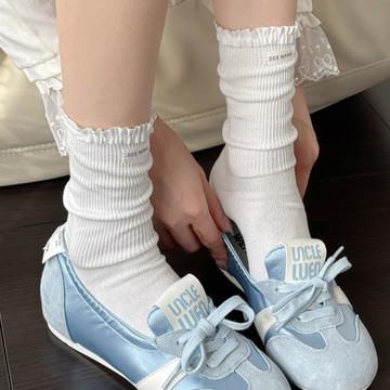 春夏薄款花邊白色短襪子女純欲條紋堆堆襪lolita小腿襪黑色中筒襪