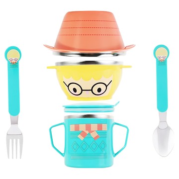 baby mambo 蔓葆 兒童餐具 MY BEST FRIENDS 系列 304不鏽鋼餐具五件組禮盒  2個碗 + 湯匙 + 水杯 + 叉子  綠色火星人  1組