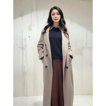 季候風秋冬新款翻領豎條紋雙排扣長款羊毛呢大衣外套女8873DA233