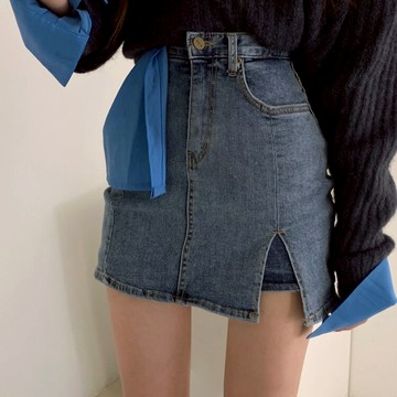 韓國東大門2021大碼性感側開叉包臀牛仔短褲短裙女半身裙高腰a字