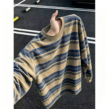 秋季新品🔥長袖t恤 上衣 長袖 T恤男 寬鬆 休閒 2026早秋復古圓領條紋t恤男灰白條透氣落肩長袖斑駁休閒上衣