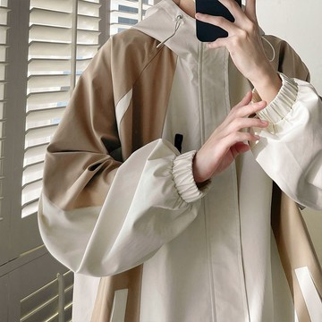 春秋款 衝鋒衣 拉鍊 連帽夾克 男士 寬鬆大碼 oversize 撞色 百搭 外套 男女款