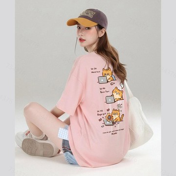 【🚀當天出！】韓系不想上班🐱印花短袖T恤 加大碼寬鬆衣服 t恤 夏季流行上衣 短板上衣 短t 女tee 純棉透氣棉t