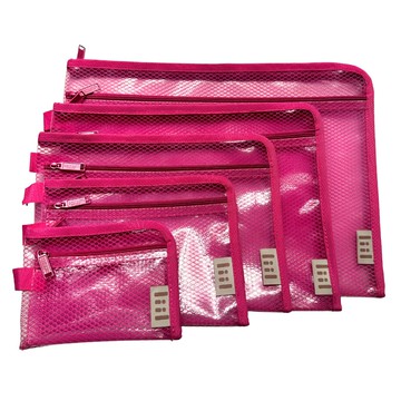 理理 liil - 透感六角網格彩虹雙拉鍊袋-XS+S+M+L+XL-草莓粉 (5入組)