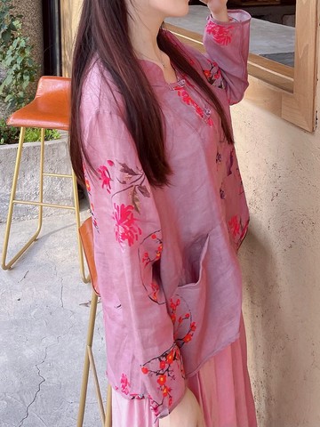 文藝中國風漢服套裝改良漢元素復古盤扣粉色印花上衣茶服日常少女