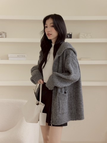 兩穿連帽雙口袋長版針織