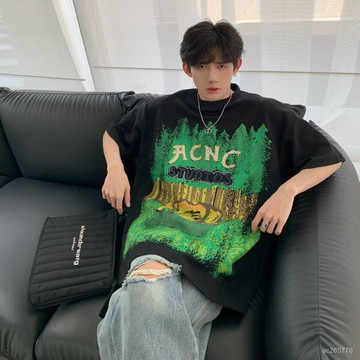 美式hiphop嘻哈潮牌五分短袖T恤男夏季寬鬆港風潮流痞帥百搭上衣