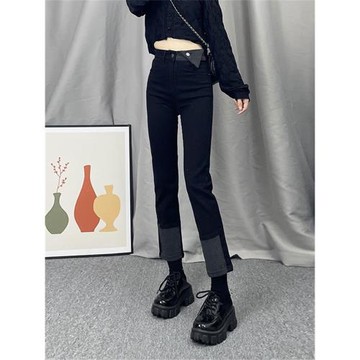 高腰直筒牛仔褲女加絨秋冬2025年新款黑色緊身顯瘦設計感煙管褲子