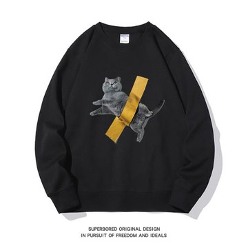 小眾設計感膠帶貓咪印花衛衣男秋冬季寬松休閑長袖上衣打底衫