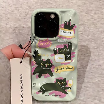 可愛喝酒貓咪 適用蘋果17Promax手機殼iPhone16Plus軟殼15隕石紋理14大孔13波浪紋12趣味11保護殼