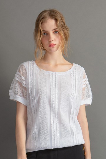 MW 落肩蕾絲透膚網紗短袖上衣