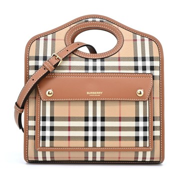 [平輸版]BURBERRY  Horseferry 經典格紋帆布Pocket手提/斜背包(石楠木棕色/迷你) 真品平輸