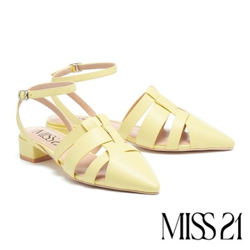 低跟鞋 MISS 21 氣質小優雅簍空編織踝帶尖頭低跟鞋－黃