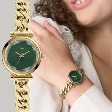 FOSSIL Carlie mini 優雅金綠面手鍊女錶-28mm ES5441