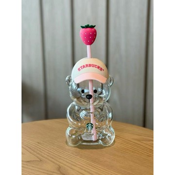 星巴克小熊玻璃吸管杯女高顏值棒球帽草莓水杯ins風網紅透明杯子