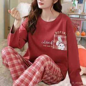 春秋款睡衣 大碼睡衣 套頭卡通家居服 睡衣女 家居服套裝 可外穿睡衣 長袖長褲套裝 印花睡衣