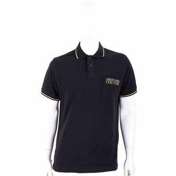 VERSACE 金蔥字母刺繡口袋黑色棉質短袖POLO衫(男款)