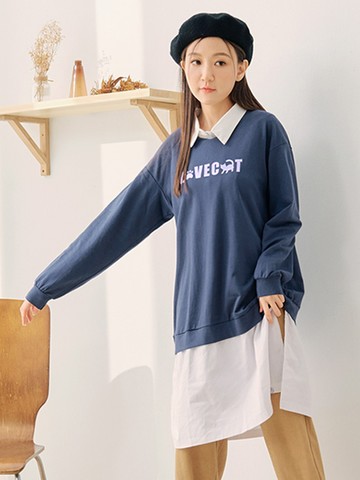 高含棉假兩件標語印花開衩中長洋裝