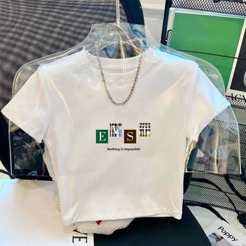 胖胖美依 短版上衣 短袖T卹 印花上衣 簡約 露臍 S-2XL新款圓領露臍辣妹緊身修身短袖上衣-6912.