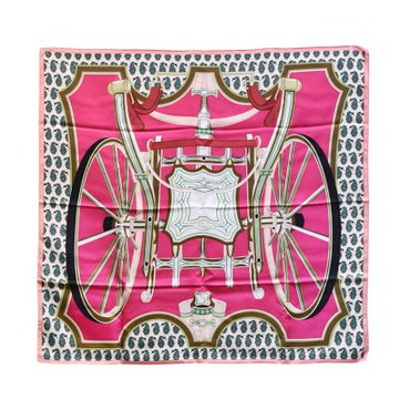 HERMES   Les Roues de Phaeton系列馬車圖騰真絲絲巾/圍巾(90CM-桃粉色)
