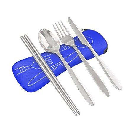 Piece Stainless Steel (Knife, Fork, Spoon, Chopsticks) Lightweight, Travel Camping Cutlery Set with Neoprene Case (dark blue)