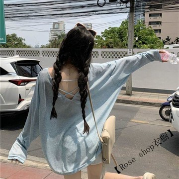 後背交叉鏤空設計長袖T恤夏季寬鬆慵懶新款薄款冰絲防曬罩衫上衣