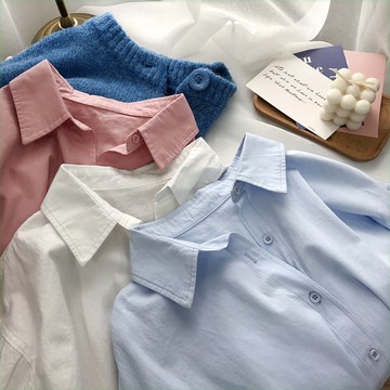 清新奶鹽藍長袖凈版襯衫女春百搭休閑氣質襯衣外套