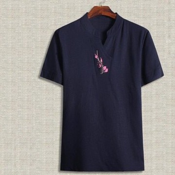 短袖T恤亞麻上衣-中國風簡約V領休閒男裝2色73ms44【獨家進口】【米蘭精品】