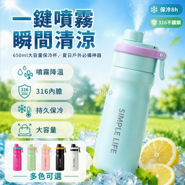 台灣出貨 316不鏽鋼內底噴霧水杯 650ML大容量保溫杯 吸管直飲雙模式 兒童學生運動水壺 外出通勤解暑降溫
