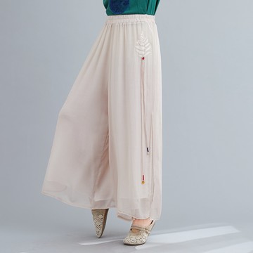 春夏季寬松禪意中國風舞蹈休閑瑜伽純色繡花民族風闊腿褲子絲麻裙