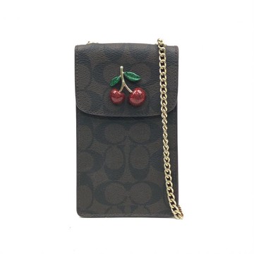 coach棕色帆布塗層拼色老花鏈條手機包