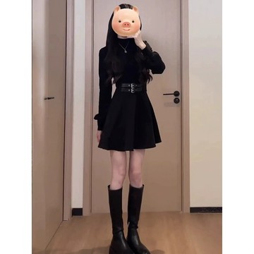 赫本風顯瘦裙子 洋裝 連衣裙 大碼赫本風連衣裙女新款秋季時尚氣質小黑裙胖MM顯瘦收腰裙子 大尺碼服飾 平價女裝 韓版女裝