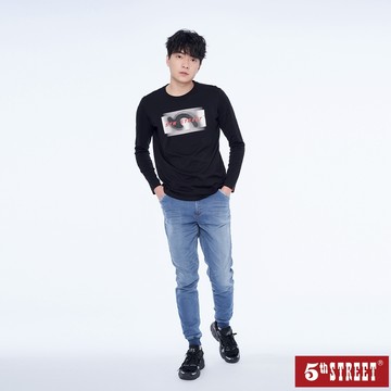 【5th STREET】 男裝 錯動印花薄長T-黑色 (560840)