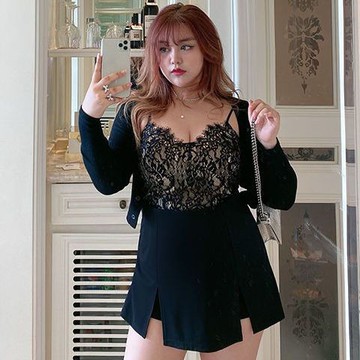 【Plump】 中大尺碼女裝 微胖穿搭 大尺碼女裝春季秋季遮肚顯瘦長袖開襟衫性感蕾絲小吊帶半身裙三件套  秋冬套裝