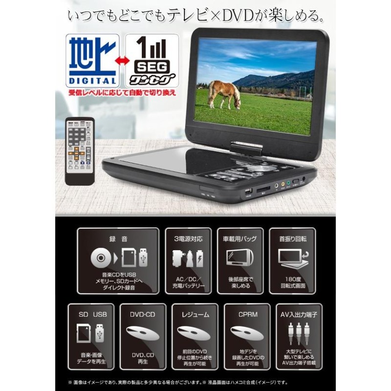 送料無料 フルセグ ポータブルDVDプレーヤー 10.1インチ液晶 3電源 CD