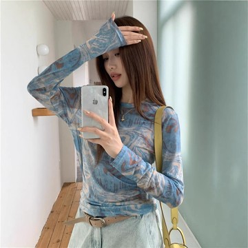 韓系 復古扎染印花上衣女 薄款網紗長袖T恤女 2026秋季新款上衣 高級設計感小衆打底衫 別緻chic上衣