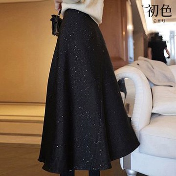 初色 高腰赫本風A字半身裙大擺中長裙-黑色-31024(M-2XL可選)